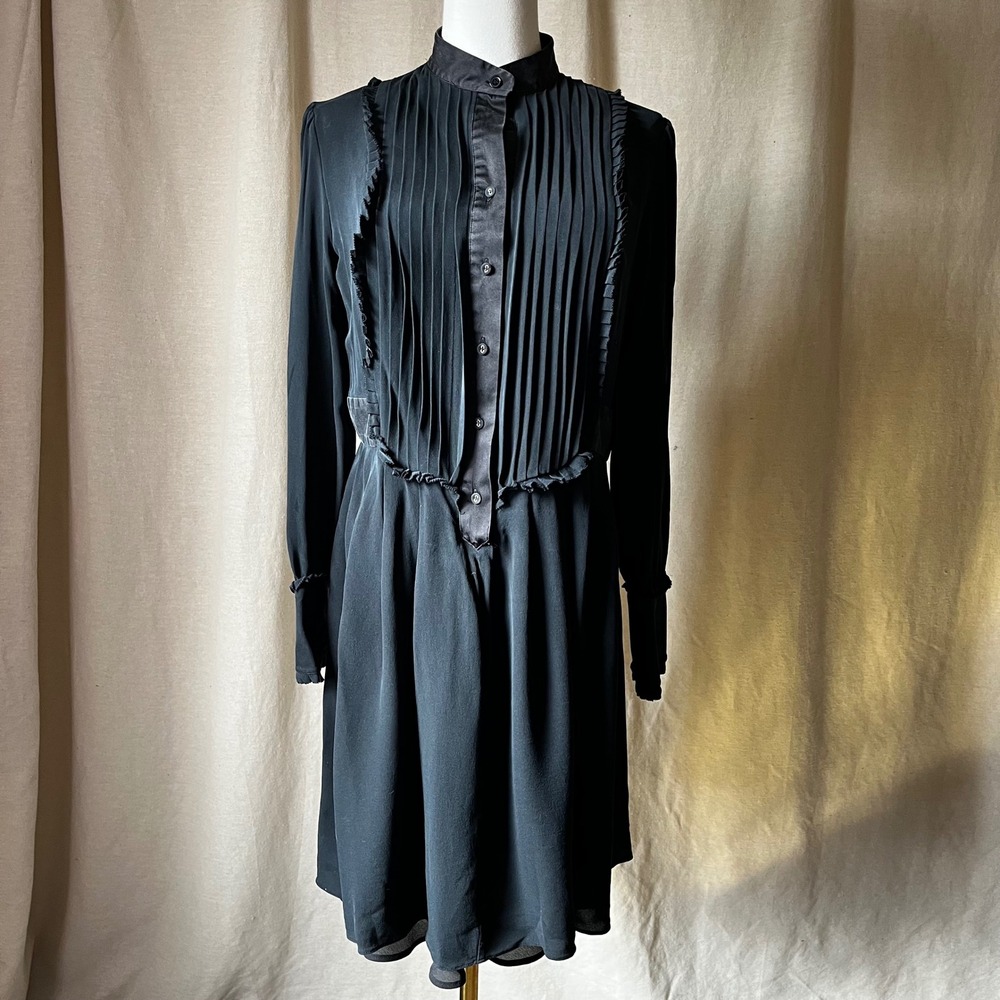 Laundry by Design Black Silk Pleated Shirt Dress Size 10 Victorian Style